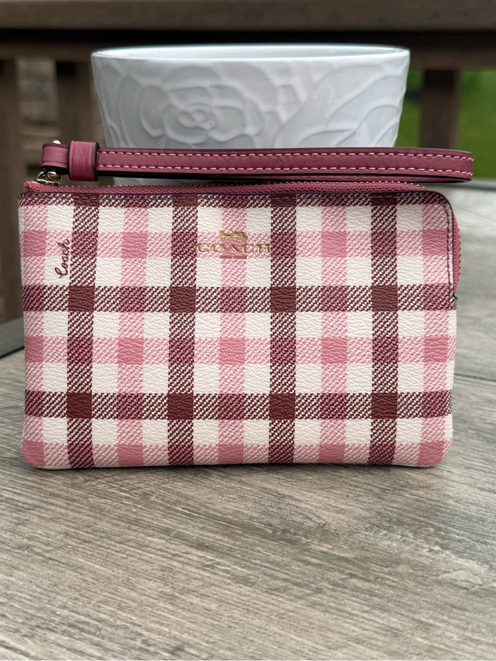Coach Pink Plaid Wristlet Clutch